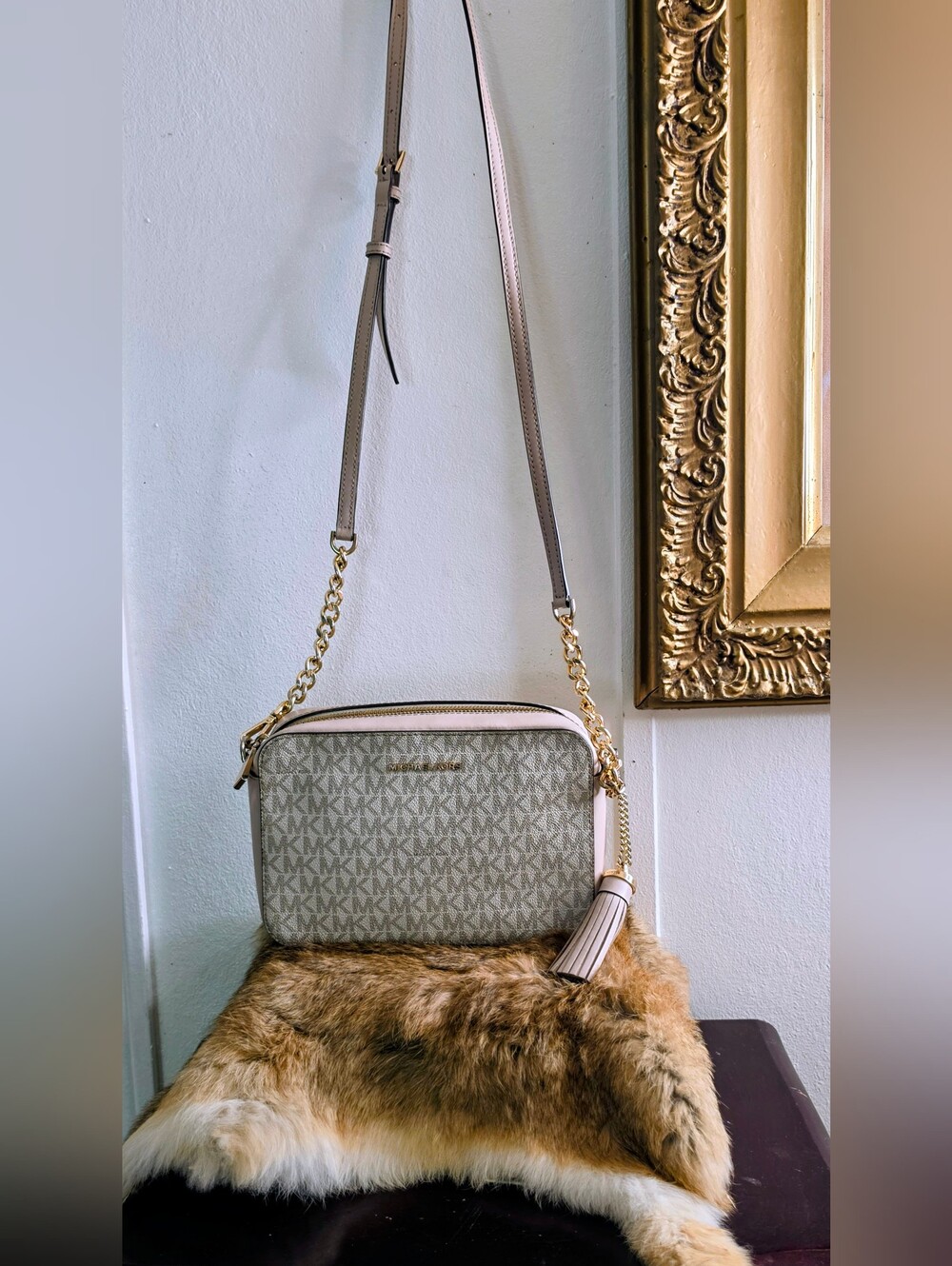 Michael Kors Jet Set Monogram Crossbody Bag in Beige and Light Pink